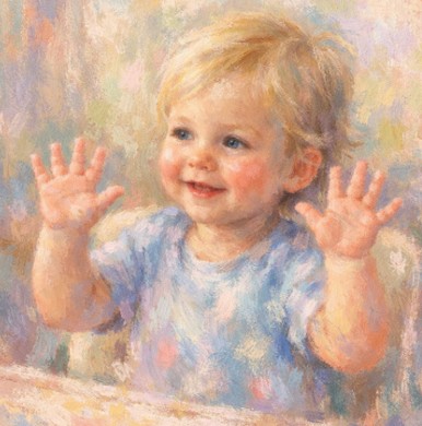 Baby making the all done sign — palms facing inward then flicked outward