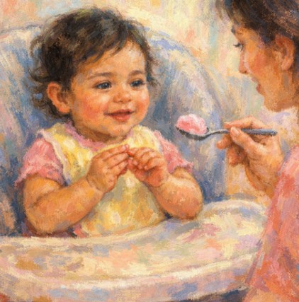 Baby making the sign for more — fingertips and thumbs tapped together