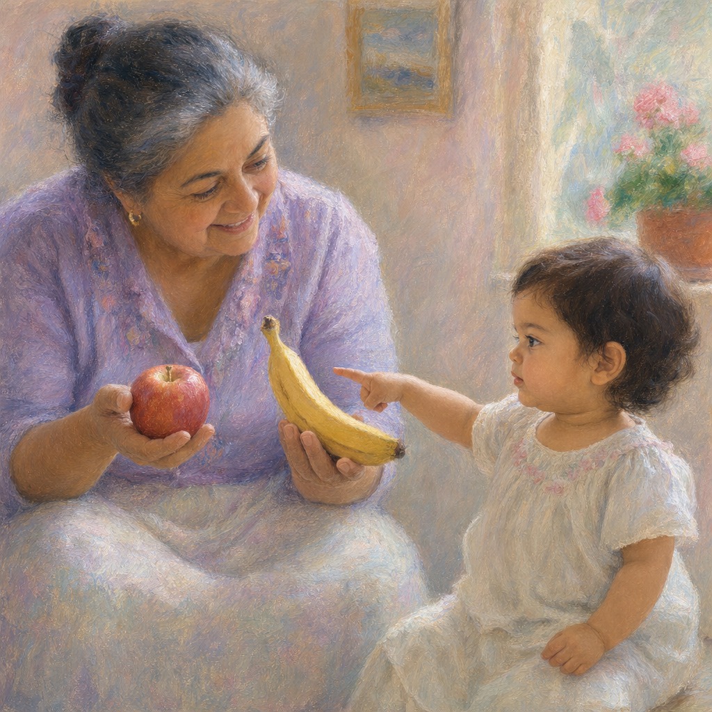 A toddler pointing to communicate with a parent