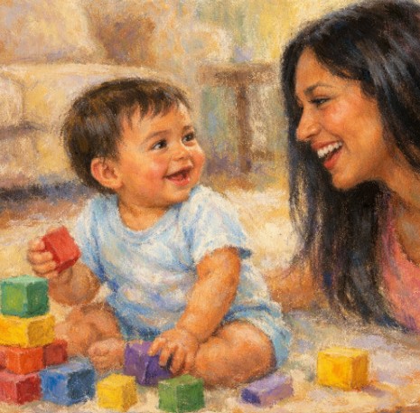 A baby turning to look at a parent who is calling their name