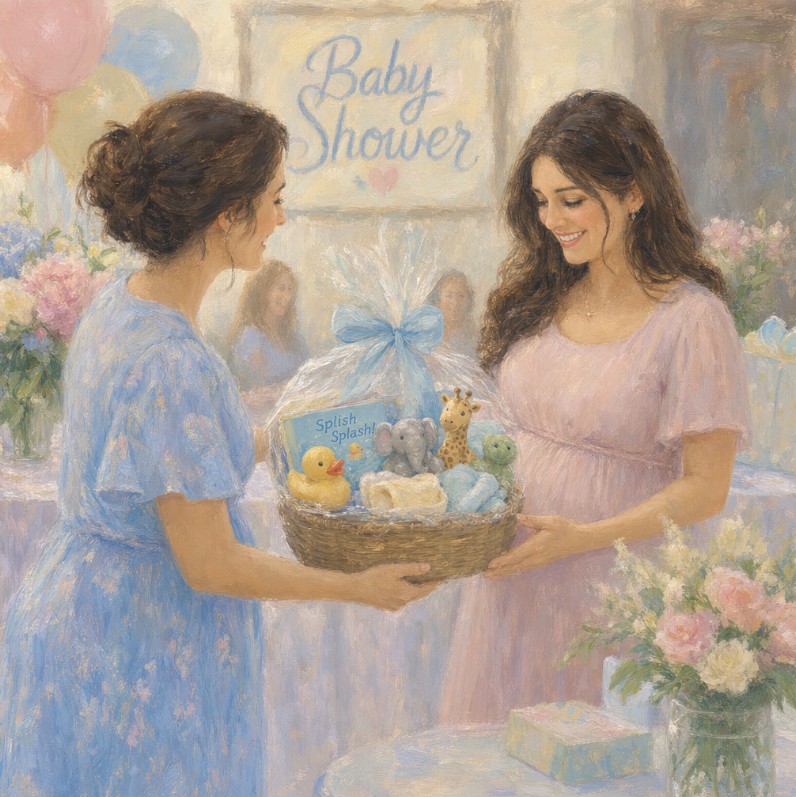 Baby shower gifts for language development — board books, bath toys, and a teddy bear