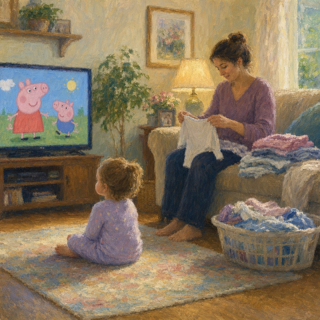 A toddler watching a children's television show with a parent nearby