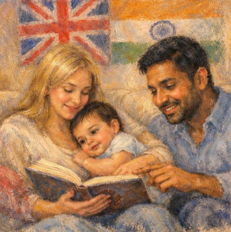 A parent reading a board book with a bilingual baby