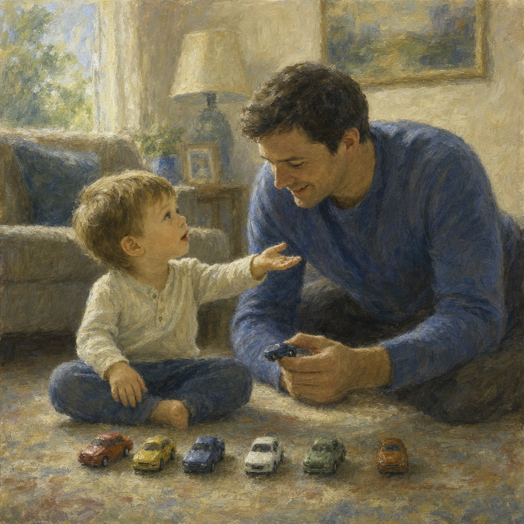 A toddler looking up at a caregiver during play