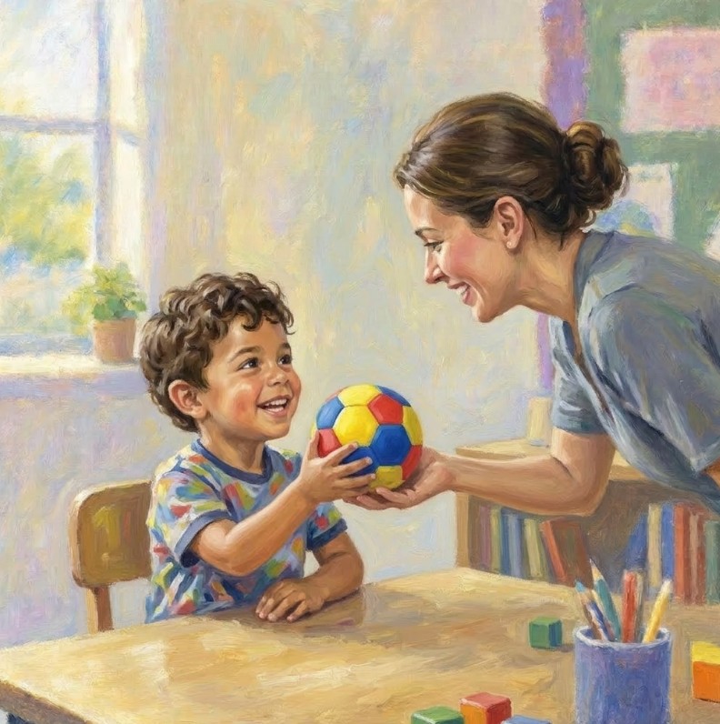 A teacher handing a colorful ball to a smiling young boy