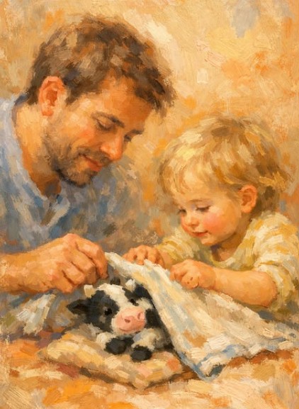 A dad playing a sleepy-time pretend game with a toy cow with his toddler, building language through play