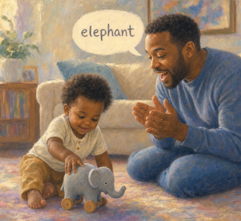 A father and child playing together, learning speech sounds