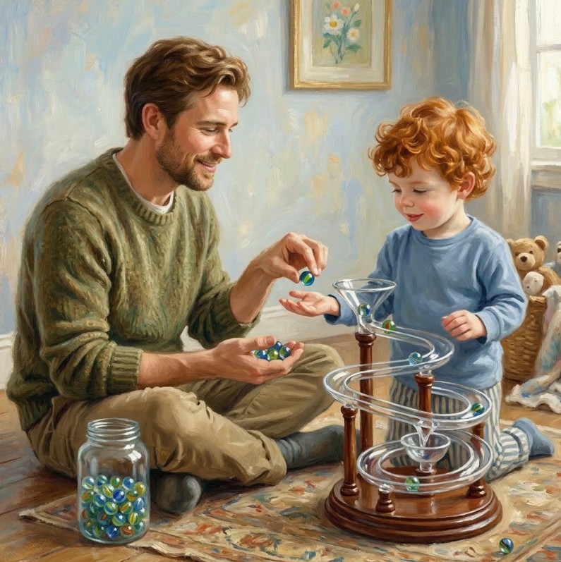 A father and son playing together with a marble run