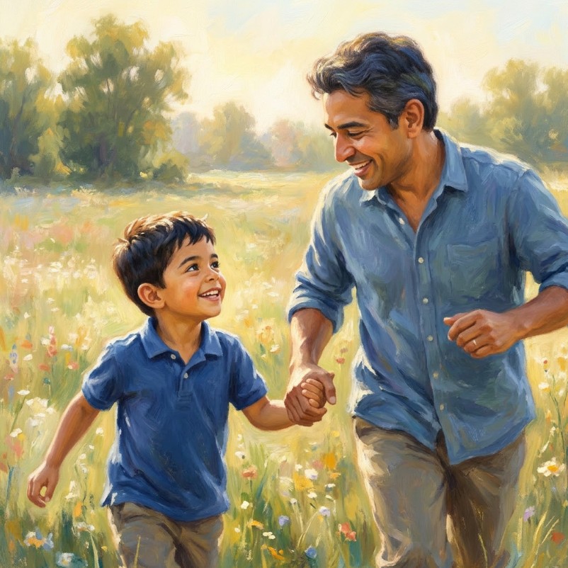 A father and son running and laughing together in a meadow