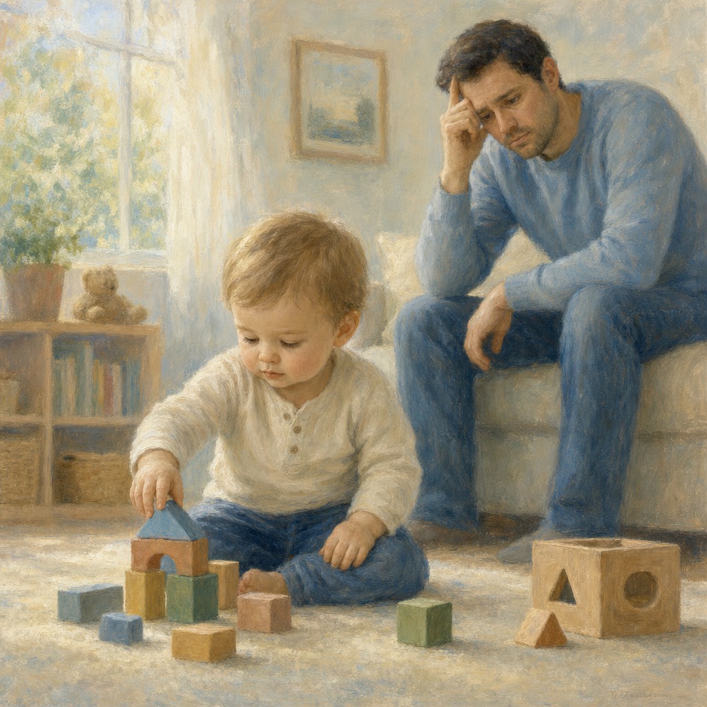 A concerned parent thinking about their child's speech development
