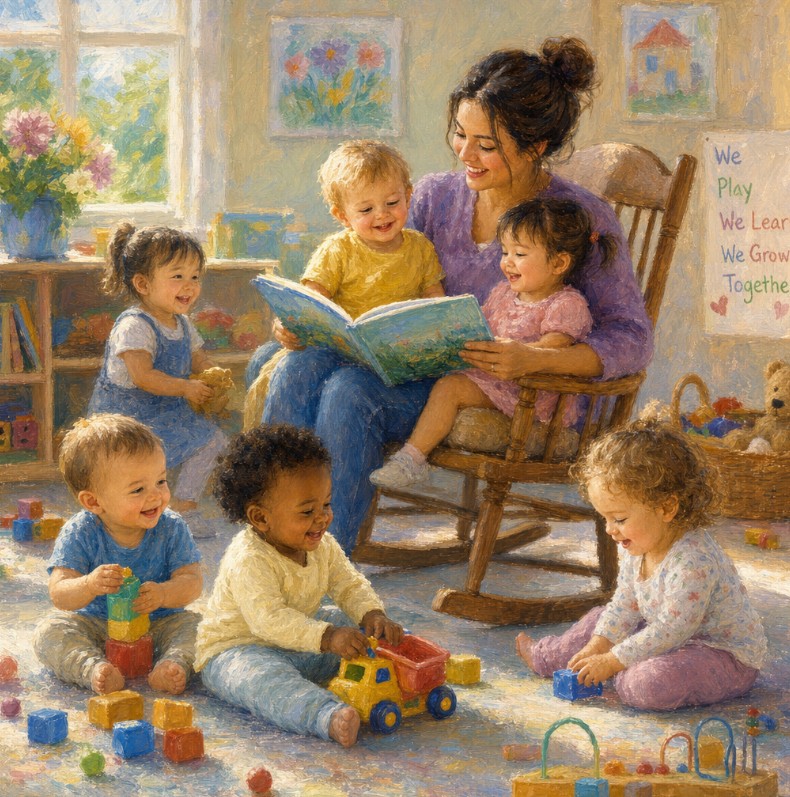 A caregiver reading to toddlers while other children play with blocks