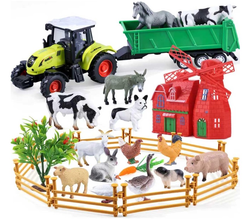 A toy farm set with animals, barn, and tractor