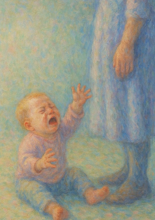 A calm parent comforting an upset toddler