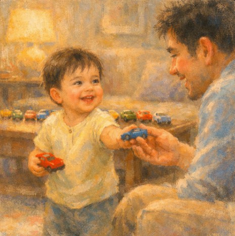 A toddler sharing a toy car with a parent, with toy cars lined up in the background