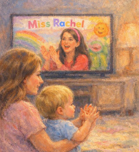 A toddler watching a children's show on a tablet with a parent nearby