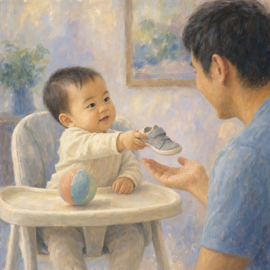A parent playing a listening game with a toddler