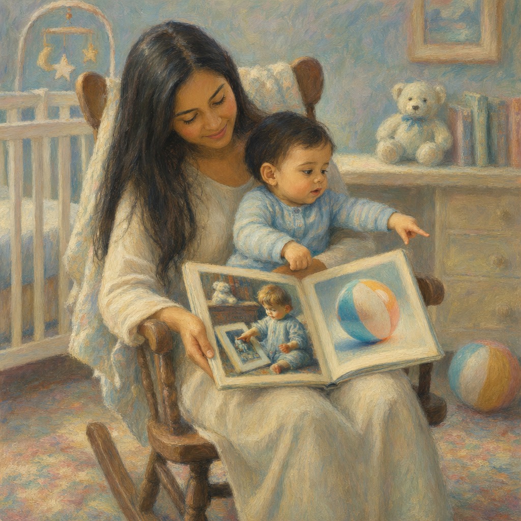A parent and baby reading a board book together