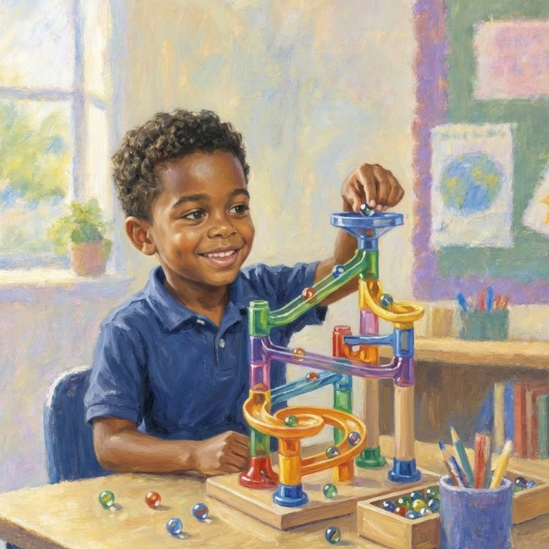 A boy playing with a colorful marble run toy