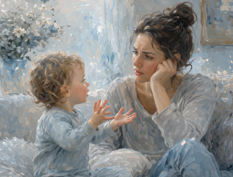A parent talking and playing with their young baby