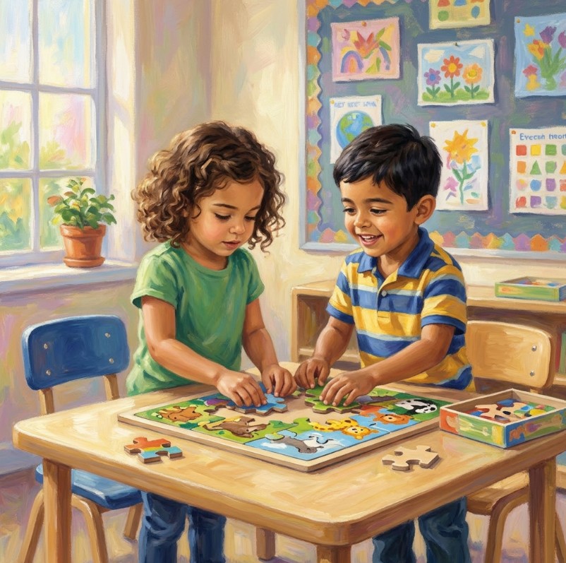 Two children working together on a picture puzzle in class