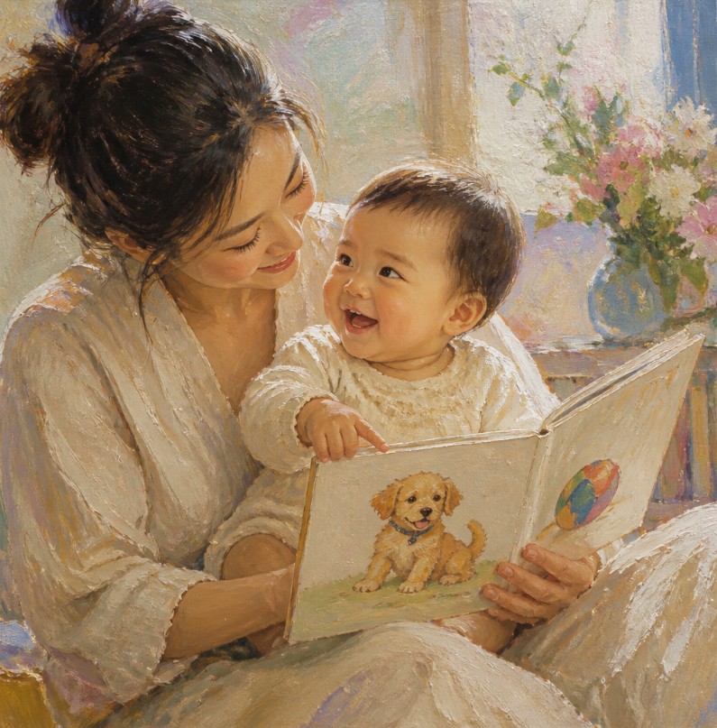 A parent reading to a baby