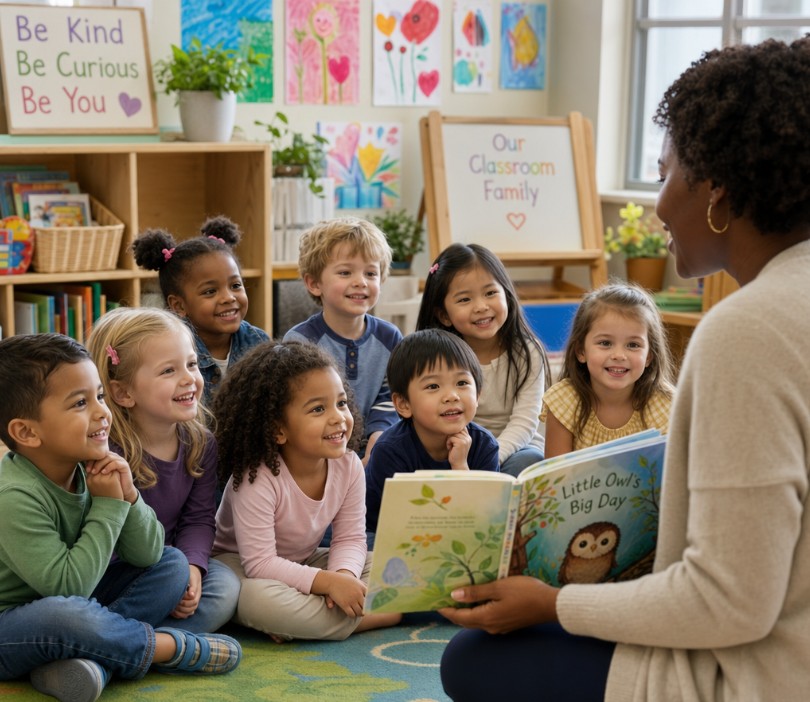 A teacher reading a story to a group of engaged young children in a classroom