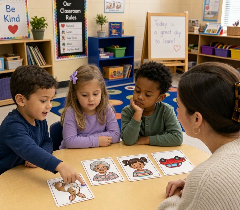 An educator working with a small group of young children using picture cards