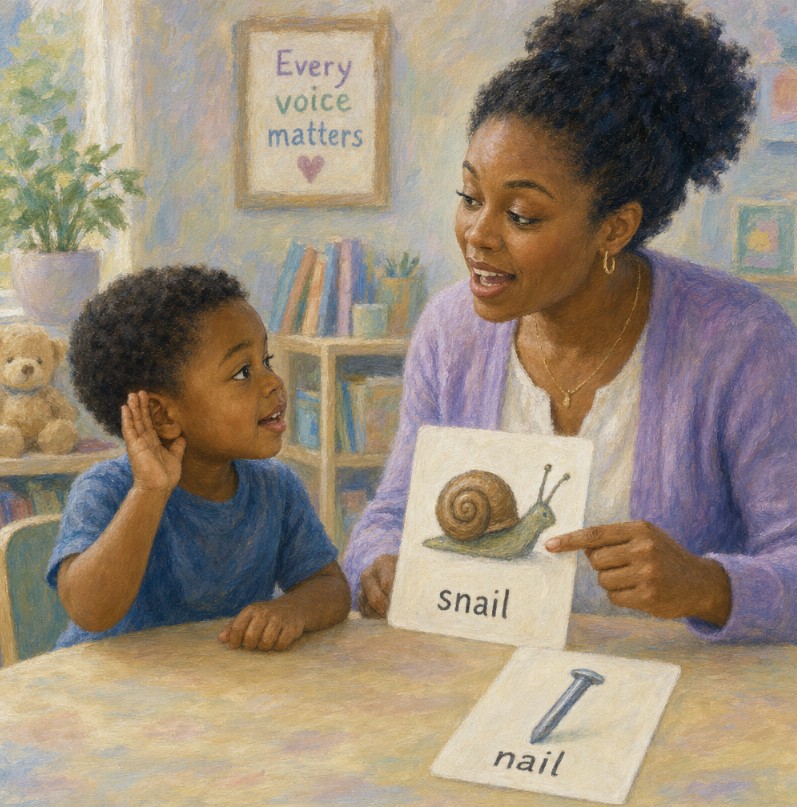 A speech-language pathologist doing speech therapy activities with a young child