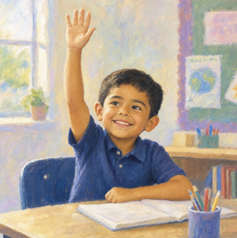 A young student happily raising his hand in class