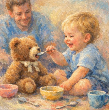 Toddler feeding a teddy bear with a spoon — pretend play for language development
