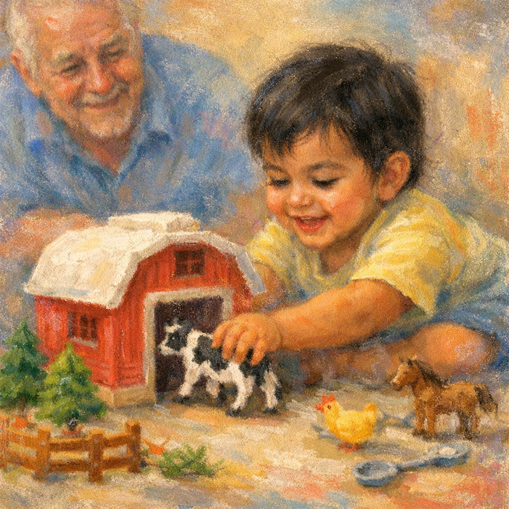 Toddler playing with small plastic farm animals and making animal sounds
