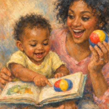 Parent and baby reading a sturdy board book together and pointing at pictures