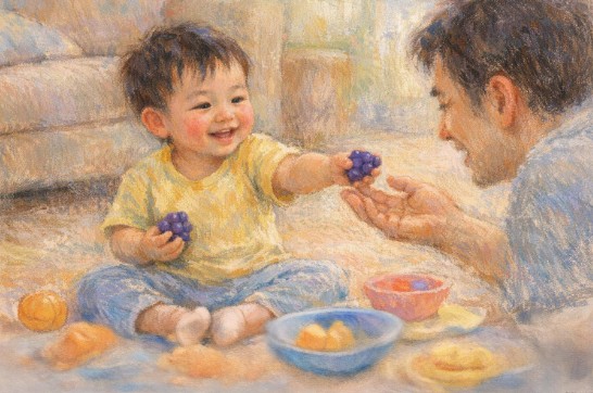 Toddler pretending to cook and serve play food in a toy bowl