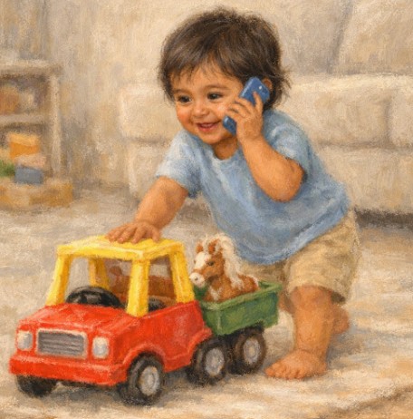 Toddler pretending to talk on a toy phone
