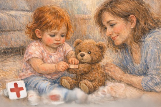Toddler putting a pretend band-aid on a stuffed animal