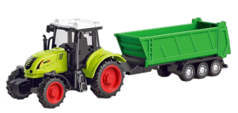 Toddler pushing a toy truck and wagon, an action-word language toy for 12 months and up