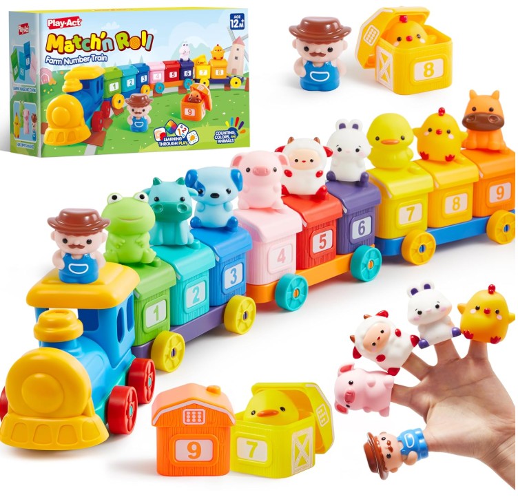 A wooden toy train set
