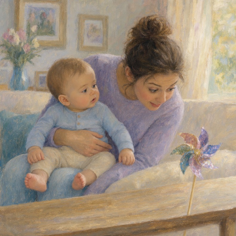 A parent and young child looking at something together