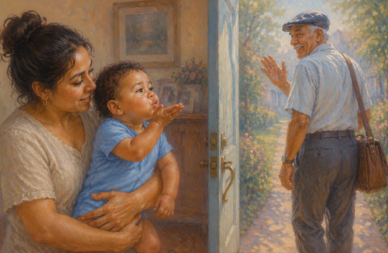 A baby blowing a kiss to a parent