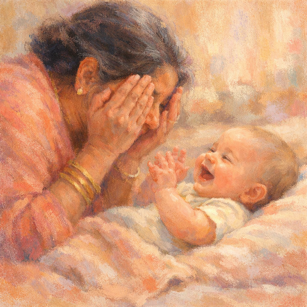 A baby laughing and sharing a joyful moment with a parent