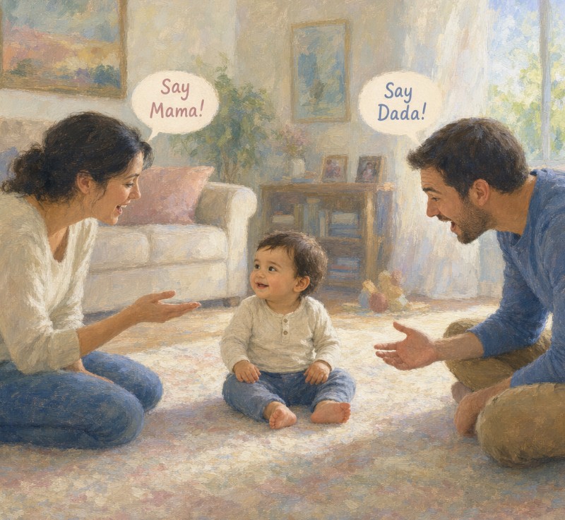 A baby beginning to say mama and dada