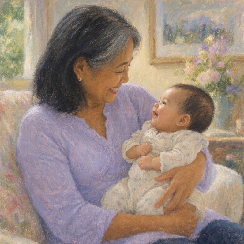A baby sharing a first social smile with a parent
