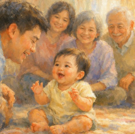 A happy baby babbling while family members smile and respond