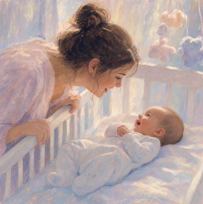 A parent enjoying a cooing conversation with their baby