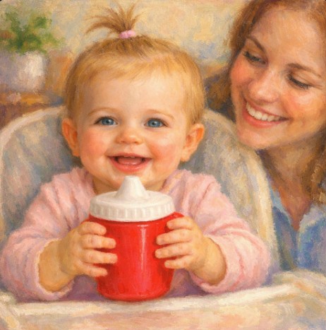 A baby practicing drinking from a sippy cup